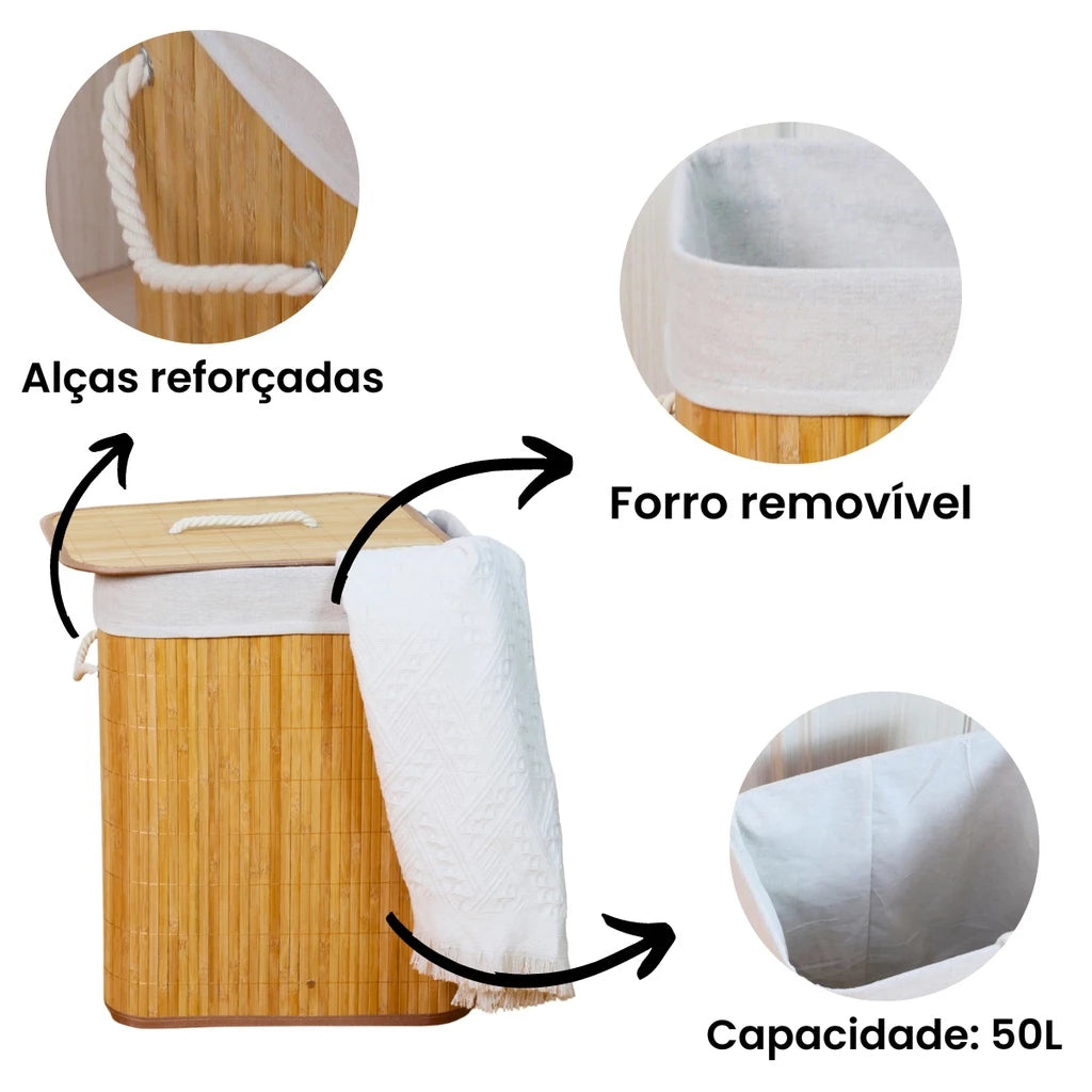 Cesto de Roupa Suja de Bambu com Tampa - Zatto