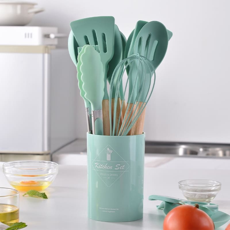 Kit Utensílios de Cozinha 14 Peças Silicone Com Suporte Inox - Zatto